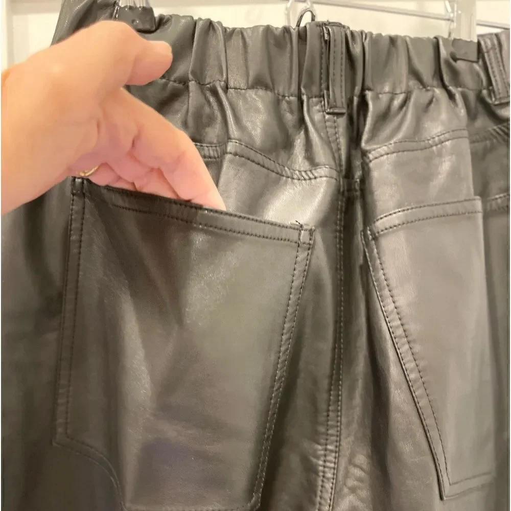 NEW Free People Faux Leather Black Buttons Fly Wide Leg Pants.Size S